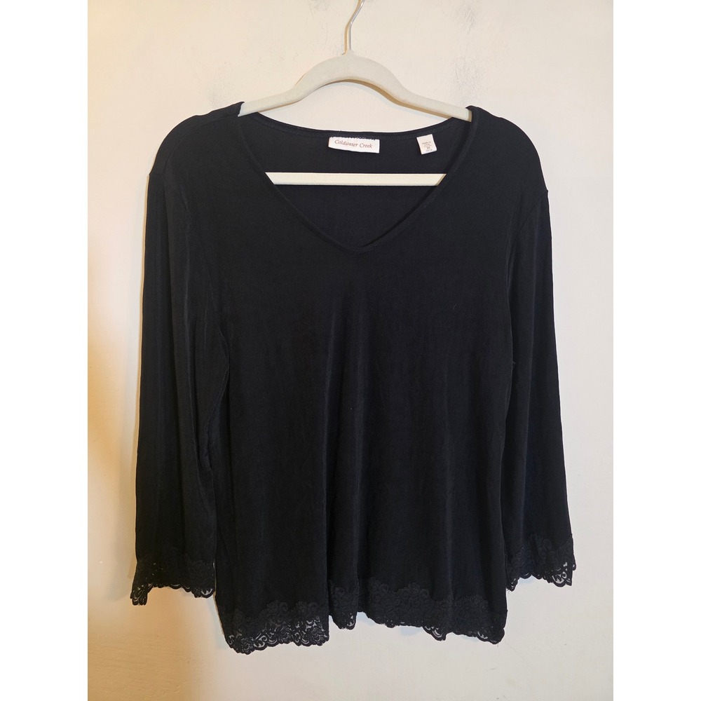 Coldwater Creek Black Lace Trim V-Neck Top 3/4 Sleeve Size M 10-12 Acetate Blend